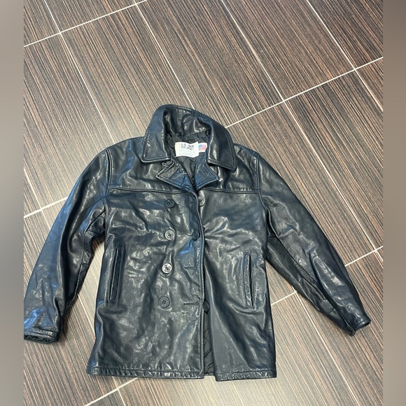 Vintage Schott NYC US 740N Pea Coat Black Leather Coat Men 46